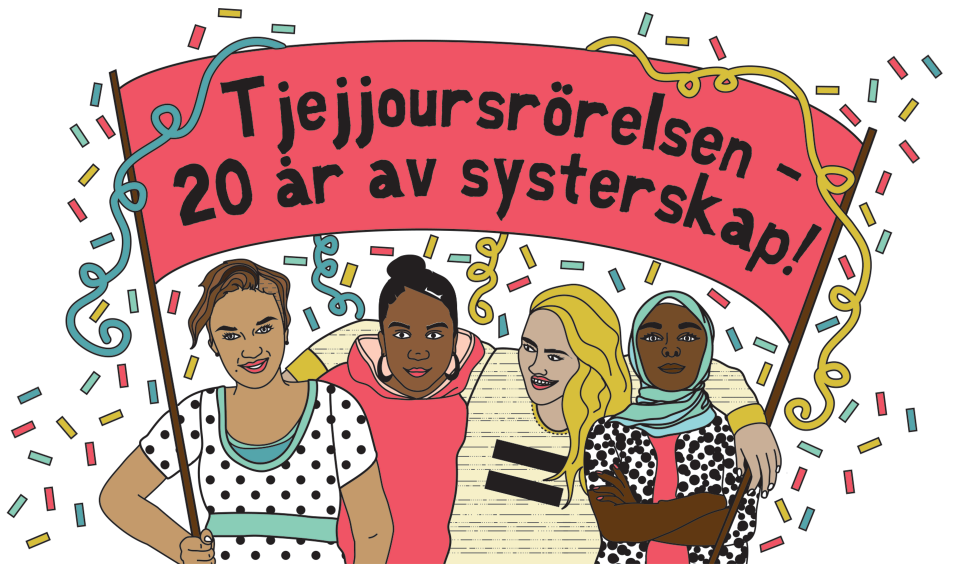 Fyra tjejer med olika hudfärg under en banderoll som har texten "20 år av systerskap!"