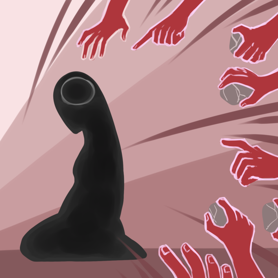 Tjej på knä, förmanande fingrar och händer med stenar sträcks mot henne