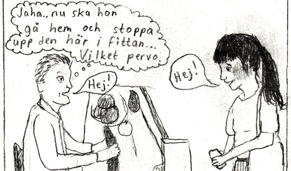 Klara i kassan, föreställer sig att den i kassan tror att hon ska använda gurkan hon köper som dildo.