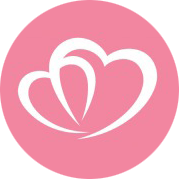 nxtME:s logga, överlappande konturer av två vita hjärtan på rosa bakgrund