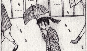 Klara går över en bro i regnet och tänker på en dröm hon haft