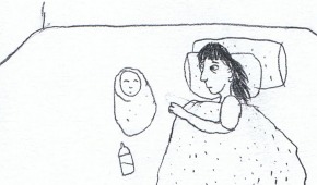 Klara ligger i sängen bredvid sin nyfödda systerdotter