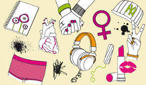 Mot gul bakgrund: två händer håller i varandra, en rakhyvel, en tampong, en keps, ett feministmärke, en hand gör V-tecken, ett läppstift + pussmunsavtryck, ett anatomiskt korrekt hjärta, lite trassel, lite fläckar, en skrivbok, trosor, ett par hörlurar