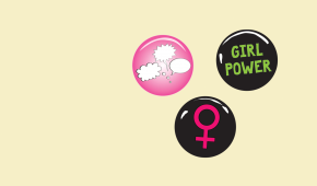 Feministtecken, Tjejjouren.se:s logga och Girl Power på pins